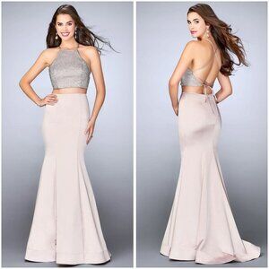 La Femme Beige Crop Top Long Mermaid Evening Gown $438